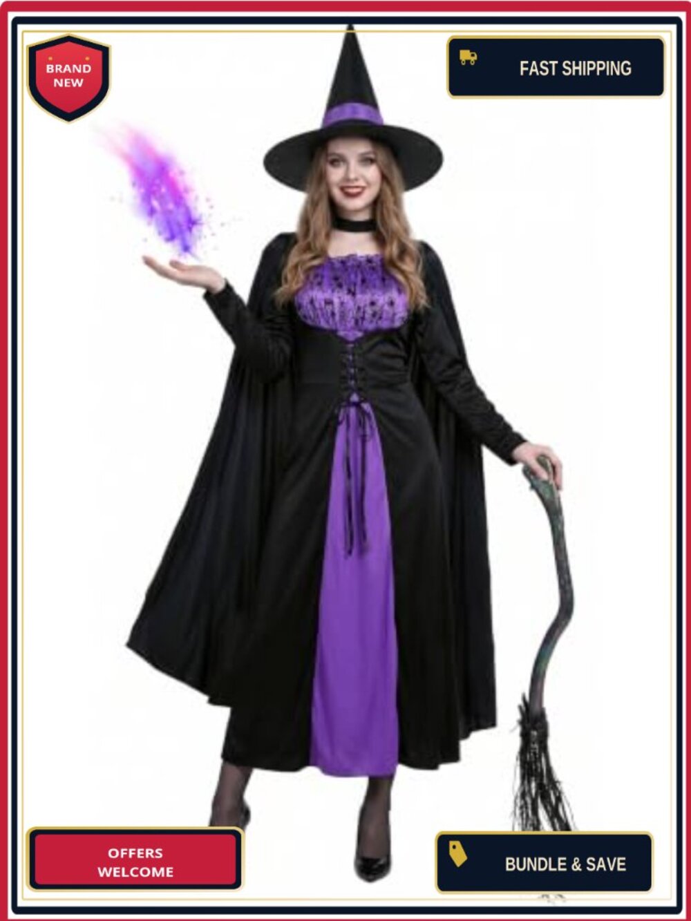 Womens Gothic Witch Costume Dress with Hat Halloween Outfit